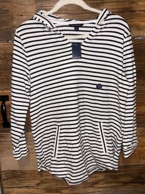 Lands' End Navy & White Striped Hooded Top